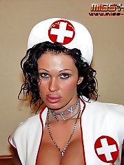 Russian mistress in nurse uniform trains slave
