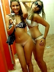 Bitches flashing perky tits and shaved pussy