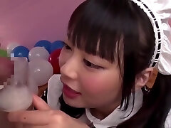Airi Natsume Looking Gorgeous A In Maid Costume Drinks Jizm From A Glass
