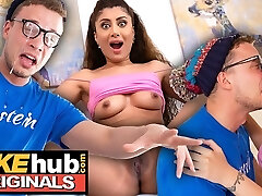 FAKEhub - Hot Indian British model licks the cum of idiots glasses after he cums on his own face