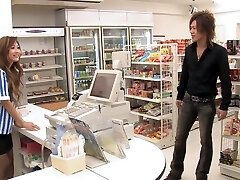 Beautiful Japanese supermarket clerk gets fucked by 3 customers during opening hours