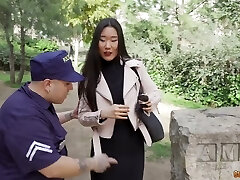 Clothed like a police officer dude finds two foreign girls to have romp with