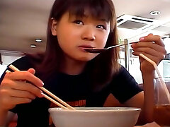 Chubby Japanese teen Mai Mariya makes a flawless leg spit after a lunch
