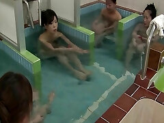 Japanese stunners take a shower and get fingered by a pervert guy