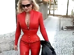 Latex glamour porn video with slut dressed in red