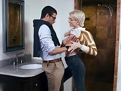 Short haired blonde with glasses, Skye Blue got fucked after giving a dt to a friend