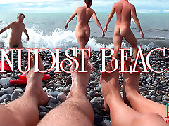 NUDIST BEACH – Nude young couple at beach, bare teen duo