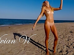 Naked Workout on the beach - a beautiful skinny cougar with puny tits