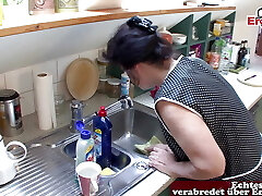 German grandmother get hard pound in kitchen from step son