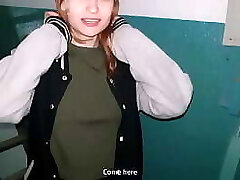 Red-haired girl throated in the stairwell while parents were at home