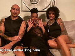 Inked black and pregnant honeys get fingered and licked by a lucky stud
