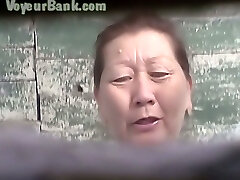 Hairy cooter of a mature Asian lady in the public toilet room