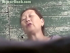 Hairy cooter of a mature Asian lady in the public toilet room