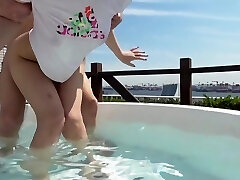 Young Japanese female is fucked in the pool and indoor