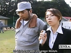 Subtitle outdoor BDSM CMNF Japanese group bone worship