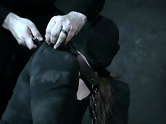 Sizzling pale chick Cora Moth is eyes covered and mouthfucked during BDSM