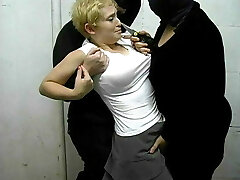 Short-haired kinkster dragged to restrain bondage guest room by two S and M