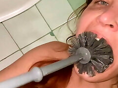 dirty toilet tonguing, toilet brush, spit from the floor