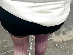 Lady Oups fuckslut plug in leash public in park micro skirt