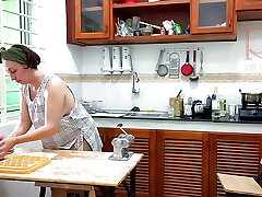 Ravioli Time! Naked Cooking. Regina Noir, a nudist cook at nudist hotel resort. Nude maid. Naked housewife. Camera 1