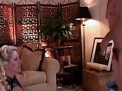 Middle-aged dude got his butt polished with faux-cock and strap-on by expert dominant lady in black outfit
