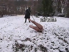 Ferocious dominator spank his slave out in cold