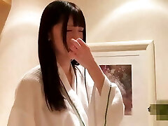 A beautiful Japanese beauty with long black hair gives a blow-job and then takes a creampie POV 2 uncensored