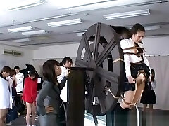 chinese schoolgirls punished on waterwheel