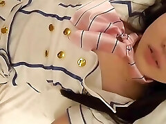 18-year-senior slender Japanese beauty idol, creampie sex with blowjob and smooth-shaven pussy. Uncensored