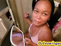 #Im in Pigtails Asian on rest room & loves big bone & swallowing cum