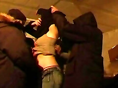 A group of hard dicks toying with a horny babe from France in the basement