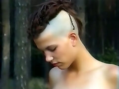 Skinny and tall goth girl with two insane men in the forest