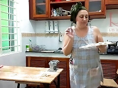 Ravioli Time! Nude Cooking. Regina Noir, a nudist cook at nudist hotel resort. Nude maid. Naked hou