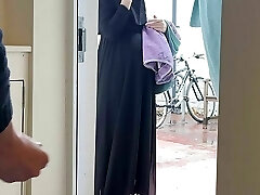 SCARED BUT Nosey! Muslim pregnant neighbour in niqab caught me jerking off and asked me to let her knead my uncut penis
