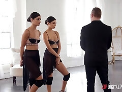 Flexible dancers Gianna Dior and Emily Willis poked by one fellow
