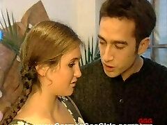 High-heeled teen with pigtails and long marvelous legs enjoying an interracial gangbang