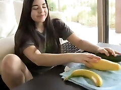 Mischievous Nadine masturbates with three different fruits Mischievous Nadine masturbates with three different fruits