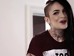 Emo mega-bitch loves banging hefty bitch with a strapon from behind