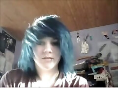 Blue haired amateur emo girl with pierced lip was fondling her joy button