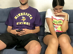 Step Sister Saw Step Brothers Big Dick Through Shorts And Couldn't Resist! Mutual Handjob Orgasm