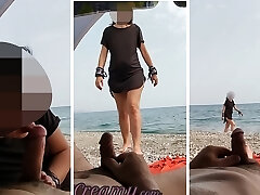 Dick display - A girl caught me tugging off in public beach and help me cum - MissCreamy