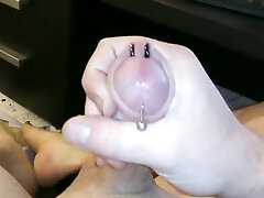 Jerking My Hard Pierced Cock With Cumshot With Macro Shot On Piercings