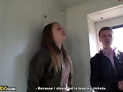 Russian brunette cutie seduces a guy in the electric train