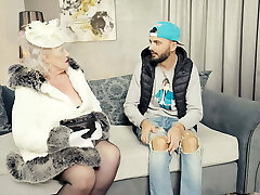 Old stylish grandma deepthroats and fucks young boy