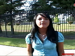 Dark-hued haired teen with lil boobs picked up for sex in the car