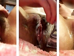The girl shaves her pussy, smooth-shaven pussies close-up. Russian hairy beaver, unshaved cunt