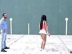 Striking tennis player with big orbs agrees to rough poking at the field