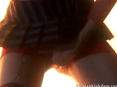 Stockinged lesbian hottie vibrating humid pussy