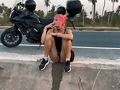 Motorbike girlfriend urinating on the roadside