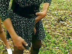 Towheaded German reporter having BDSM fun in the woods